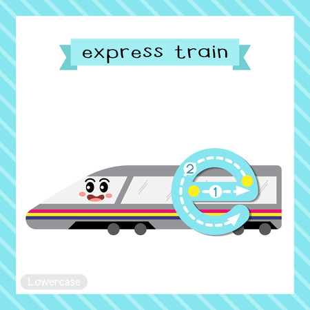 Letter E lowercase cute children colorful transportations ABC alphabet tracing flashcard of Express Train for kids learning English vocabulary and handwriting Vector Illustration.のイラスト素材