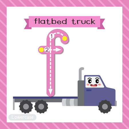 Letter F lowercase cute children colorful transportations ABC alphabet tracing flashcard of Flatbed Truck for kids learning English vocabulary and handwriting Vector Illustration.のイラスト素材