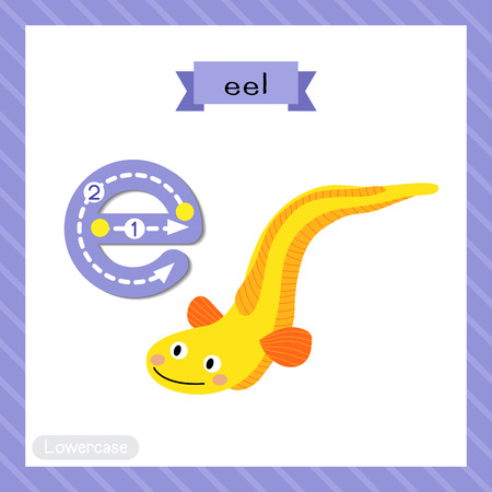 Letter E lowercase cute children colorful zoo and animals ABC alphabet tracing flashcard of Yellow Eel for kids learning English vocabulary and handwriting vector illustration.のイラスト素材