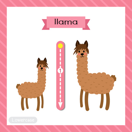 Letter L lowercase cute children colorful zoo and animals ABC alphabet tracing flashcard of Brown Llama for kids learning English vocabulary and handwriting vector illustration.のイラスト素材