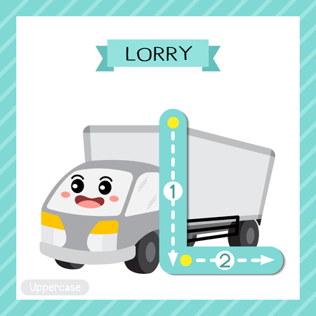 Letter L uppercase cute children colorful transportations ABC alphabet tracing flashcard of Lorry for kids learning English vocabulary and handwriting Vector Illustration.のイラスト素材