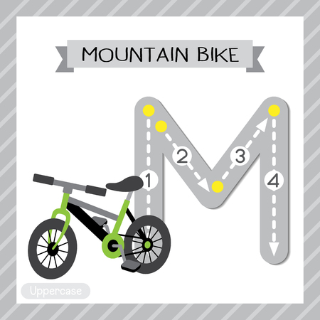 Letter M uppercase cute children colorful transportations ABC alphabet tracing flashcard of Mountain Bike for kids learning English vocabulary and handwriting Vector Illustration.のイラスト素材