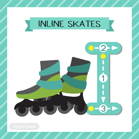 Letter I uppercase cute children colorful transportations ABC alphabet tracing flashcard of Inline Skates for kids learning English vocabulary and handwriting Vector Illustration.のイラスト素材