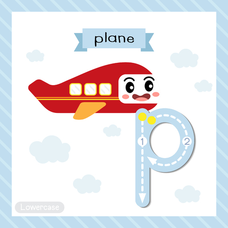 Letter P lowercase cute children colorful transportations ABC alphabet tracing flashcard of Plane for kids learning English vocabulary and handwriting Vector Illustration.のイラスト素材