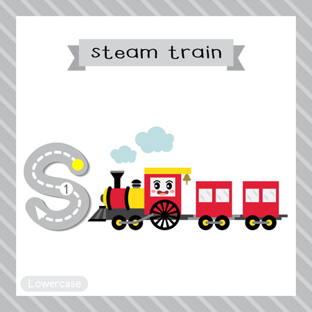 Letter S lowercase cute children colorful transportations ABC alphabet tracing flashcard of Steam Train for kids learning English vocabulary and handwriting Vector Illustration.のイラスト素材