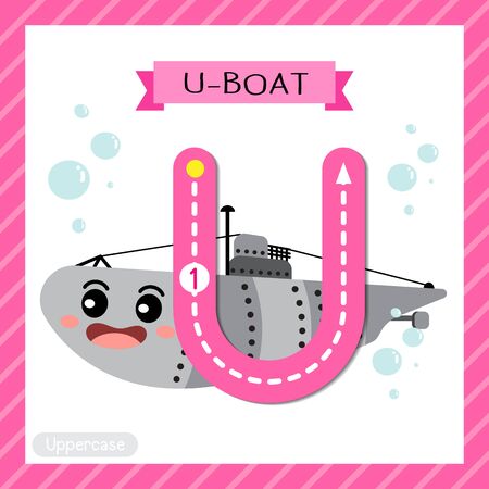 Letter U uppercase cute children colorful transportations ABC alphabet tracing flashcard of U-Boat for kids learning English vocabulary and handwriting Vector Illustration.のイラスト素材