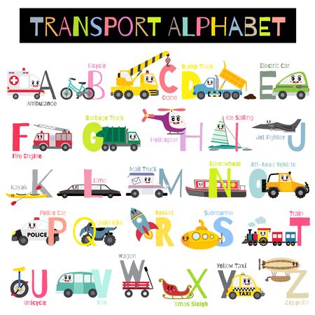 Cute colorful children transportations A-Z alphabet for kids learning English vocabulary with white background. Vector Illustration.のイラスト素材