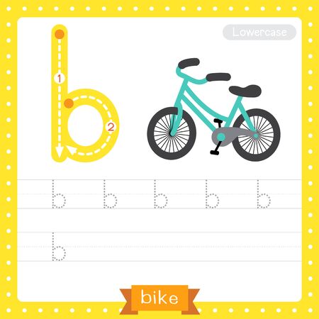 Letter B lowercase cute children colorful transportations ABC alphabet tracing practice worksheet of Bike for kids learning English vocabulary and handwriting Vector Illustration.のイラスト素材