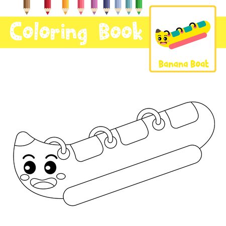 Coloring page of cute Banana Boat cartoon character perspective view transportations for preschool kids activity educational worksheet. Vector Illustration.のイラスト素材
