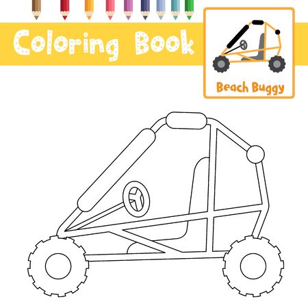Coloring page of cute Beach buggy cartoon character side view transportations for preschool kids activity educational worksheet. Vector Illustration.のイラスト素材