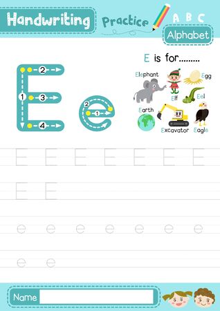 Letter E uppercase and lowercase cute children colorful ABC alphabet trace practice worksheet for kids learning English vocabulary and handwriting layout in A4 vector illustration.のイラスト素材