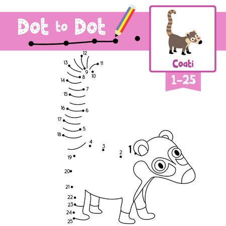 Dot to dot educational game and Coloring book of Coati animals cartoon character for preschool kids activity about learning counting number 1-25 and handwriting practice worksheet. Vector Illustration.のイラスト素材