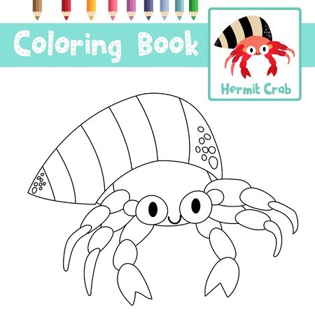 Coloring page of Hermit Crab animals cartoon character for preschool kids activity educational worksheet. Vector Illustration.のイラスト素材