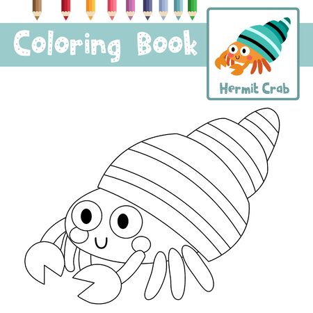Coloring page of Hermit Crab animals cartoon character for preschool kids activity educational worksheet. Vector Illustration.のイラスト素材