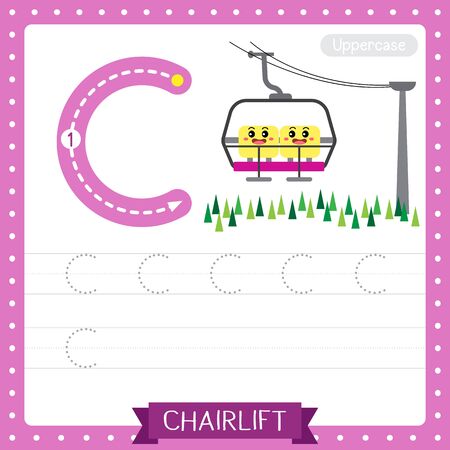 Letter C uppercase cute children colorful transportations ABC alphabet tracing practice worksheet of Chairlift for kids learning English vocabulary and handwriting Vector Illustration.のイラスト素材