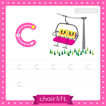 Letter C lowercase cute children colorful transportations ABC alphabet tracing practice worksheet of Chairlift for kids learning English vocabulary and handwriting Vector Illustration.のイラスト素材