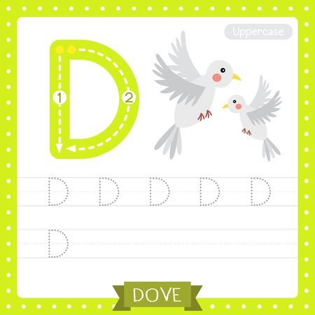 Letter D uppercase cute children colorful zoo and animals ABC alphabet tracing practice worksheet of Flying Dove bird for kids learning English vocabulary and handwriting vector illustration.のイラスト素材