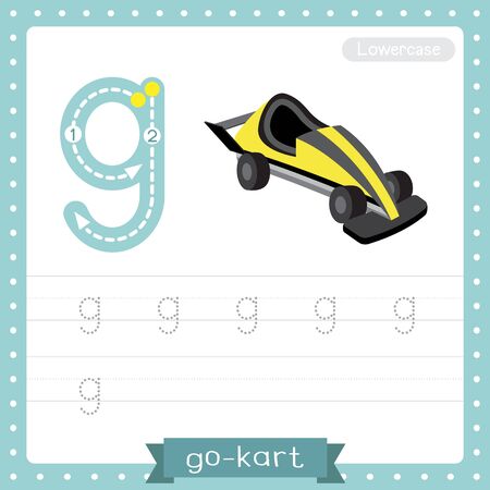 Letter G lowercase cute children colorful transportations ABC alphabet tracing practice worksheet of Go-Kart for kids learning English vocabulary and handwriting Vector Illustration.のイラスト素材