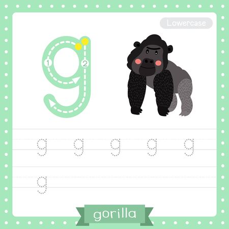Letter G lowercase cute children colorful zoo and animals ABC alphabet tracing practice worksheet of Gorilla for kids learning English vocabulary and handwriting vector illustration.のイラスト素材