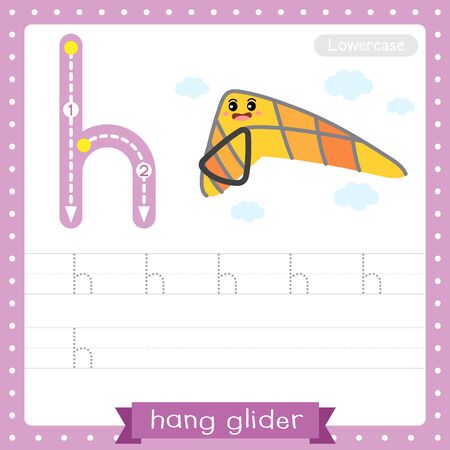 Letter H lowercase cute children colorful transportations ABC alphabet tracing practice worksheet of Hang Glider for kids learning English vocabulary and handwriting Vector Illustration.のイラスト素材