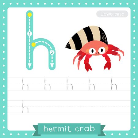 Letter H lowercase cute children colorful zoo and animals ABC alphabet tracing practice worksheet of Colorful Hermit Crab for kids learning English vocabulary and handwriting vector illustration.のイラスト素材