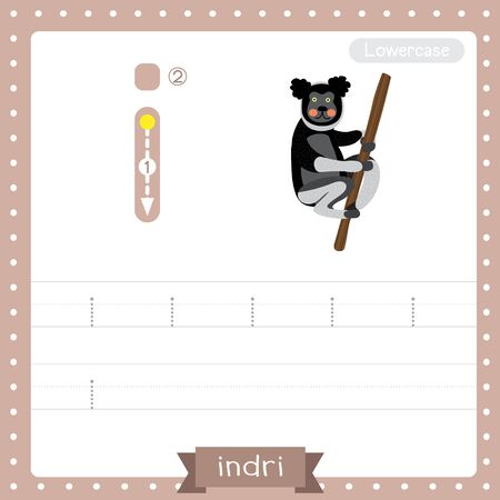 Letter I lowercase cute children colorful zoo and animals ABC alphabet tracing practice worksheet of Cute Indri climbing a tree for kids learning English vocabulary and handwriting vector illustration.のイラスト素材