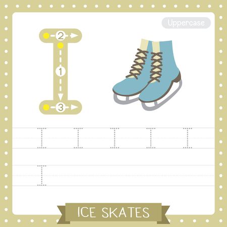 Letter I uppercase cute children colorful transportations ABC alphabet tracing practice worksheet of Ice Skates for kids learning English vocabulary and handwriting Vector Illustration.のイラスト素材