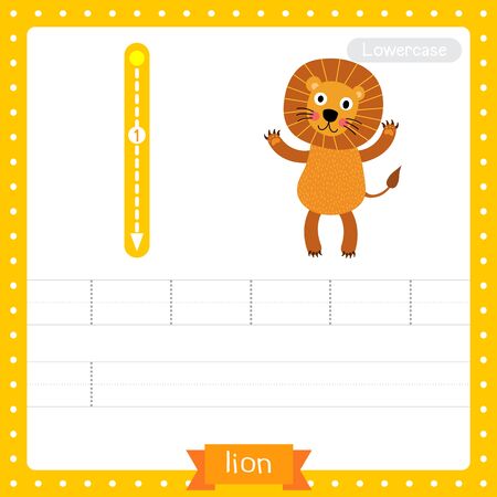 Letter L lowercase cute children colorful zoo and animals ABC alphabet tracing practice worksheet of Lion standing on two legs for kids learning English vocabulary and handwriting vector illustration.のイラスト素材