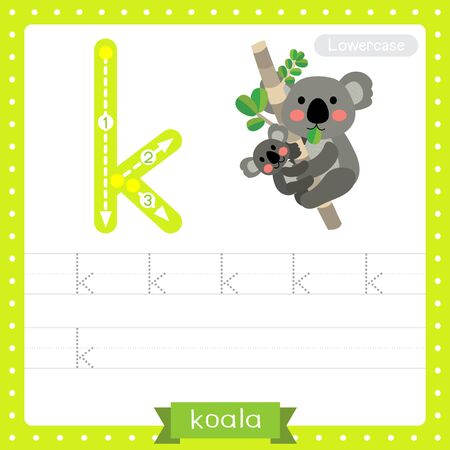 Letter K lowercase cute children colorful zoo and animals ABC alphabet tracing practice worksheet of Koala bear and baby koala for kids learning English vocabulary and handwriting vector illustration.のイラスト素材