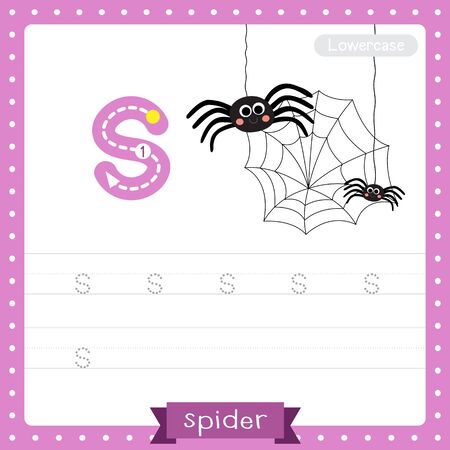 Letter S lowercase cute children colorful zoo and animals ABC alphabet tracing practice worksheet of Black Spider for kids learning English vocabulary and handwriting vector illustration.のイラスト素材