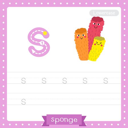 Letter S lowercase cute children colorful zoo and animals ABC alphabet tracing practice worksheet of Colorful Sponge for kids learning English vocabulary and handwriting vector illustration.のイラスト素材