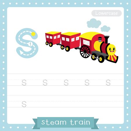 Letter S lowercase cute children colorful transportations ABC alphabet tracing practice worksheet of Steam Train for kids learning English vocabulary and handwriting Vector Illustration.のイラスト素材