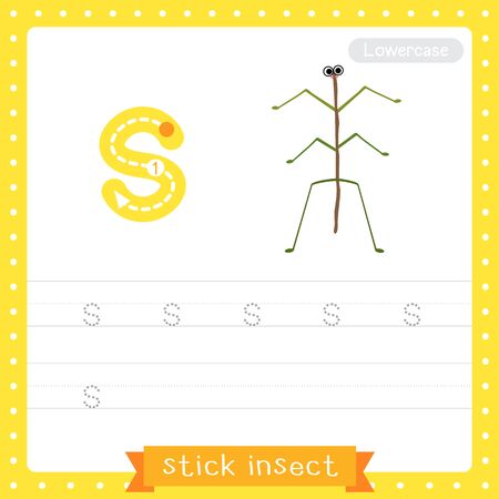 Letter S lowercase cute children colorful zoo and animals ABC alphabet tracing practice worksheet of Stick Insect standing on two legs. for kids learning English vocabulary and handwriting vector illustration.のイラスト素材
