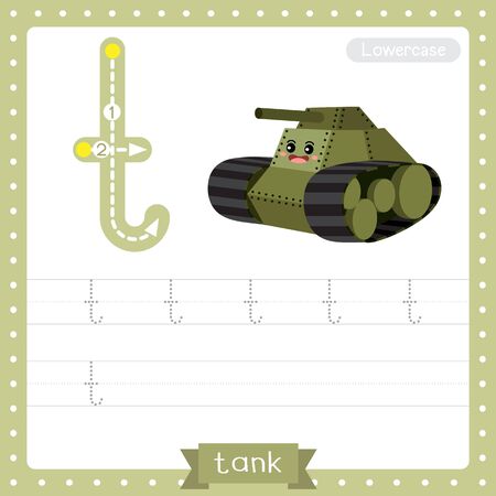 Letter T lowercase cute children colorful transportations ABC alphabet tracing practice worksheet of Tank for kids learning English vocabulary and handwriting Vector Illustration.のイラスト素材