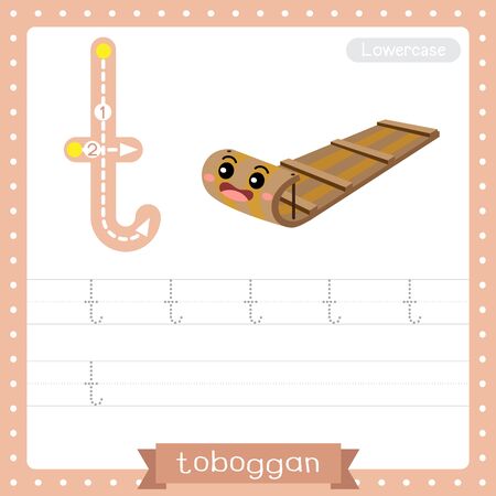 Letter T lowercase cute children colorful transportations ABC alphabet tracing practice worksheet of Toboggan for kids learning English vocabulary and handwriting Vector Illustration.のイラスト素材
