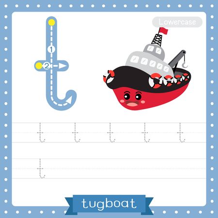 Letter T lowercase cute children colorful transportations ABC alphabet tracing practice worksheet of Tugboat for kids learning English vocabulary and handwriting Vector Illustration.のイラスト素材