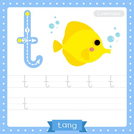 Letter T lowercase cute children colorful zoo and animals ABC alphabet tracing practice worksheet of Yellow Tang fish for kids learning English vocabulary and handwriting vector illustration.のイラスト素材