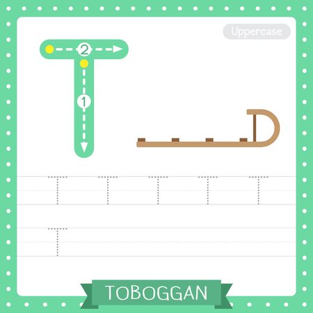 Letter T uppercase cute children colorful transportations ABC alphabet tracing practice worksheet of Toboggan for kids learning English vocabulary and handwriting Vector Illustration.のイラスト素材