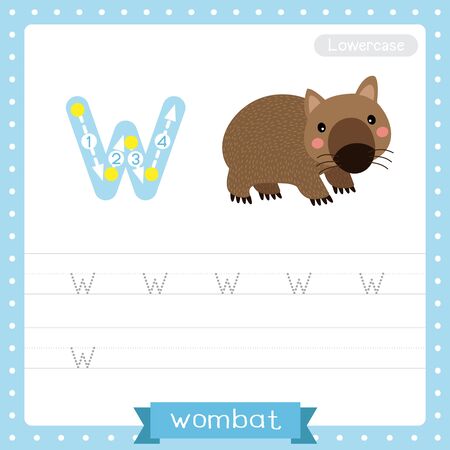 Letter W lowercase cute children colorful zoo and animals ABC alphabet tracing practice worksheet of Happy Wombat for kids learning English vocabulary and handwriting vector illustration.のイラスト素材
