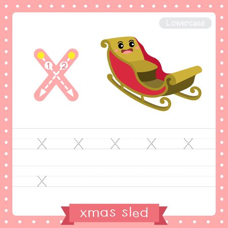 Letter X lowercase cute children colorful transportations ABC alphabet tracing practice worksheet of Xmas Sled for kids learning English vocabulary and handwriting Vector Illustration.のイラスト素材