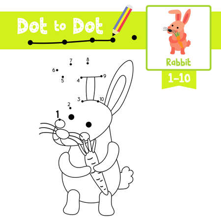 Dot to dot educational game and Coloring book of Pink Rabbit holding carrot animals cartoon character for preschool kids activity about learning counting number 1-10 and handwriting practice worksheet. Vector Illustration.のイラスト素材