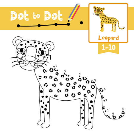 Dot to dot educational game and Coloring book of Standing Leopard animals cartoon character for preschool kids activity about learning counting number 1-10 and handwriting practice worksheet. Vector Illustration.のイラスト素材