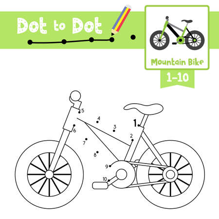 Dot to dot educational game and Coloring book of cute Mountain Bike cartoon transportations for preschool kids activity about counting number 1-10 and handwriting practice worksheet. Vector Illustration.のイラスト素材