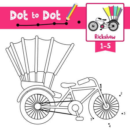 Dot to dot educational game and Coloring book of cute Rickshaw cartoon transportations for preschool kids activity about counting number 1-5 and handwriting practice worksheet. Vector Illustration.のイラスト素材