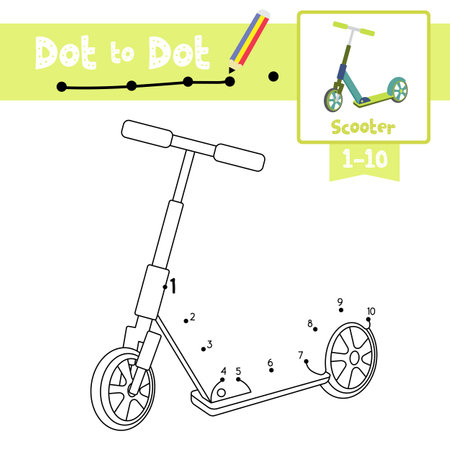 Dot to dot educational game and Coloring book of Scooter cartoon transportations for kids activity about counting number 1-10 and handwriting practice worksheet. Vector Illustration.のイラスト素材