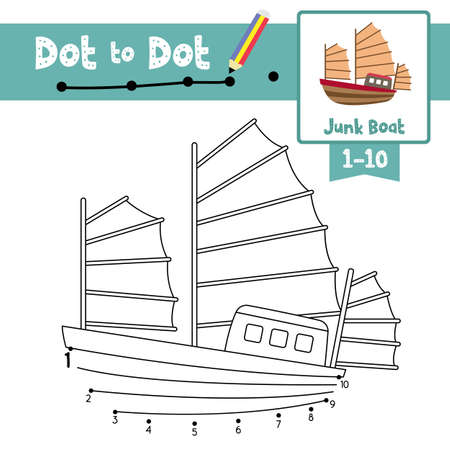 Dot to dot educational game and Coloring book of cute Junk Boat cartoon transportations for preschool kids activity about counting number 1-10 and handwriting practice worksheet. Vector Illustration.のイラスト素材
