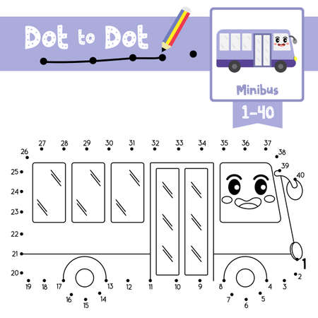 Dot to dot educational game and Coloring book of cute Minibus cartoon transportations for preschool kids activity about counting number 1-40 and handwriting practice worksheet. Vector Illustration.のイラスト素材