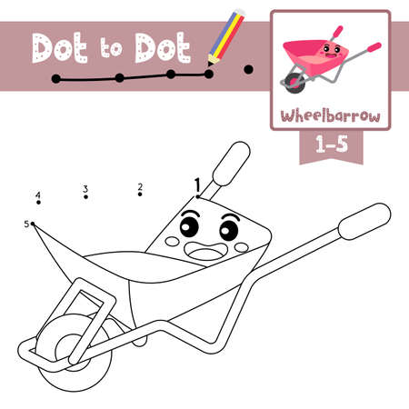 Dot to dot educational game and Coloring book of Wheelbarrow cartoon transportations for kids activity about counting number 1-5 and handwriting practice worksheet. Vector Illustration.のイラスト素材