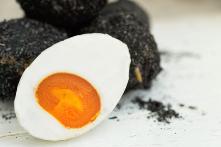 Salted duck eggs on white wood backgroundの写真素材
