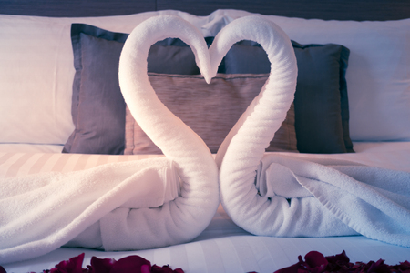 Couple swan made from white towels on the bedの写真素材